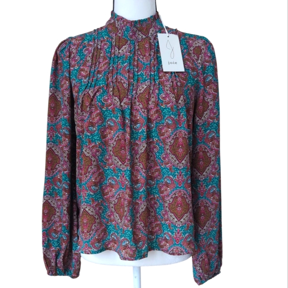 NWT Joie Paisley Pleated Ruffle Boho Bohemian Flowy Blouse XS Pink Green